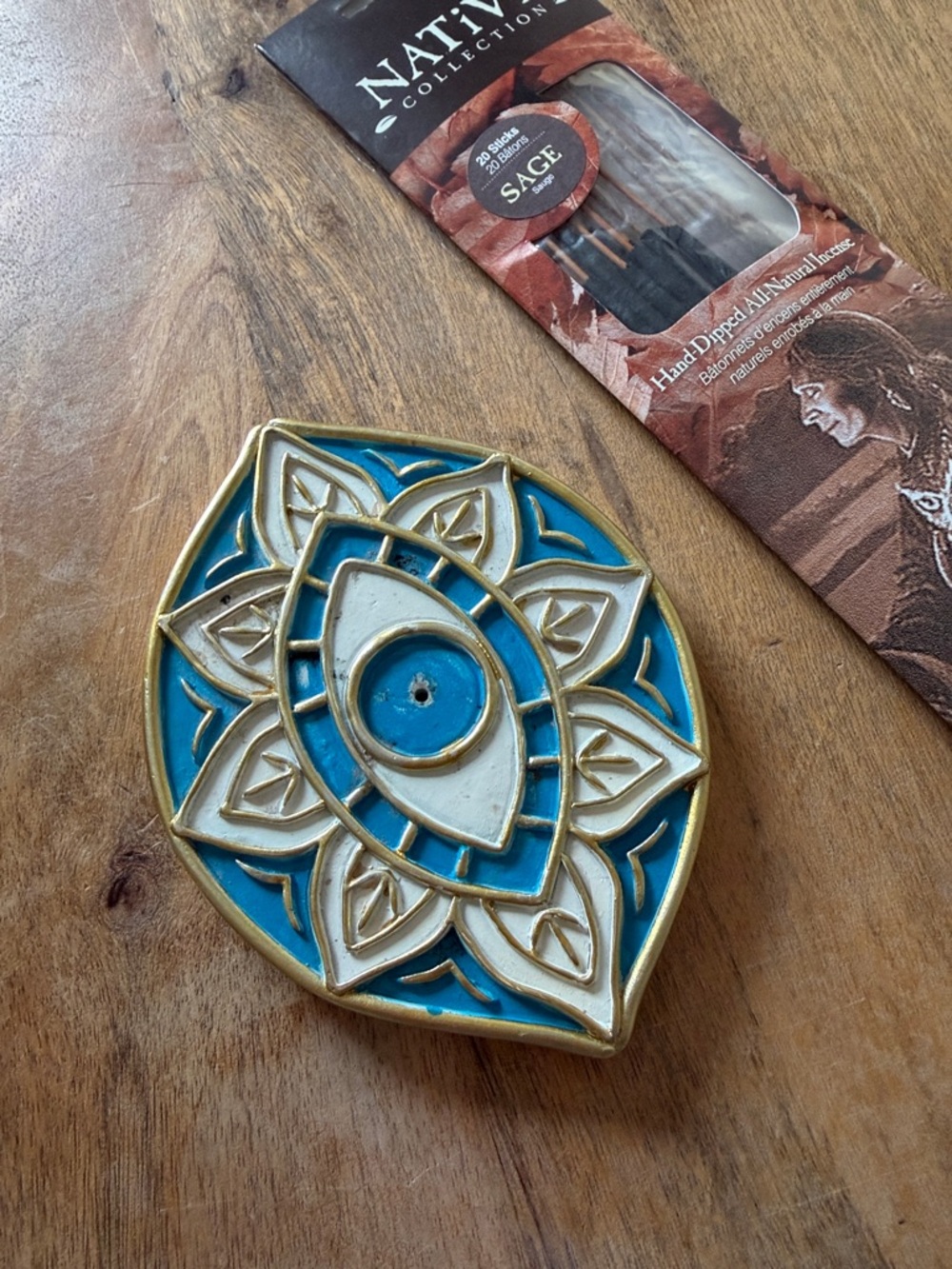 Turquoise & White Decorative Mandala Incense Holder with Gold Trim